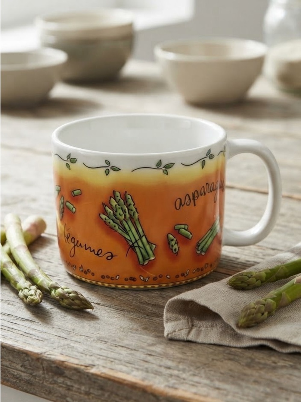 VINTAGE MSC Illustration by Jocha Orange Vegetable Asparagus Legumes Soup Mug